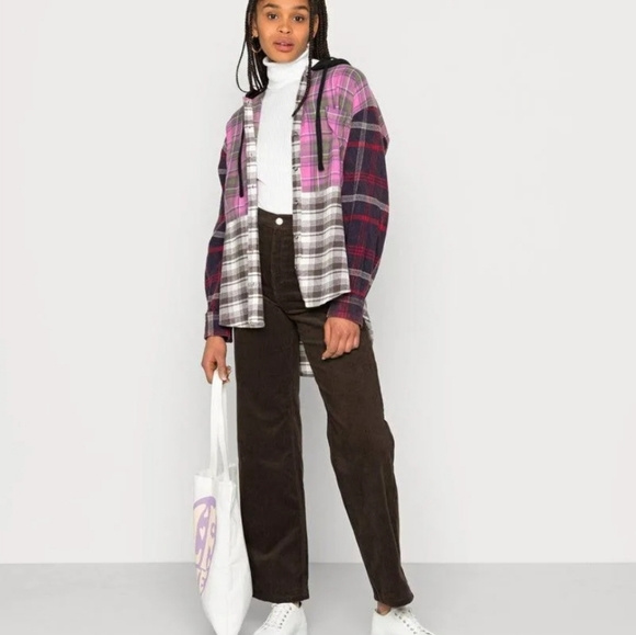 Urban Outfitters BDG Serena Spliced Flannel Plaid Button Down Hooded Shirt XS - Picture 5 of 12